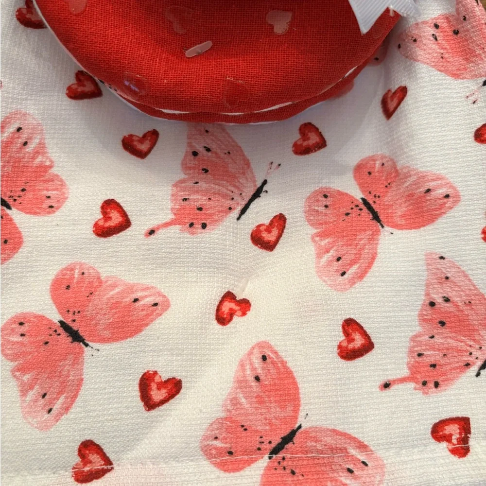 RACHEL ZOE Hearts & Butterfly 5-Pc Kitchen Towel Oven Mitt Set **NEW**